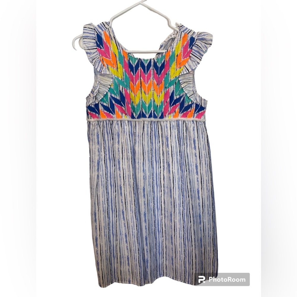 THML Sz XS Blue and white Dress with bright embroidery with ruffle sleeve